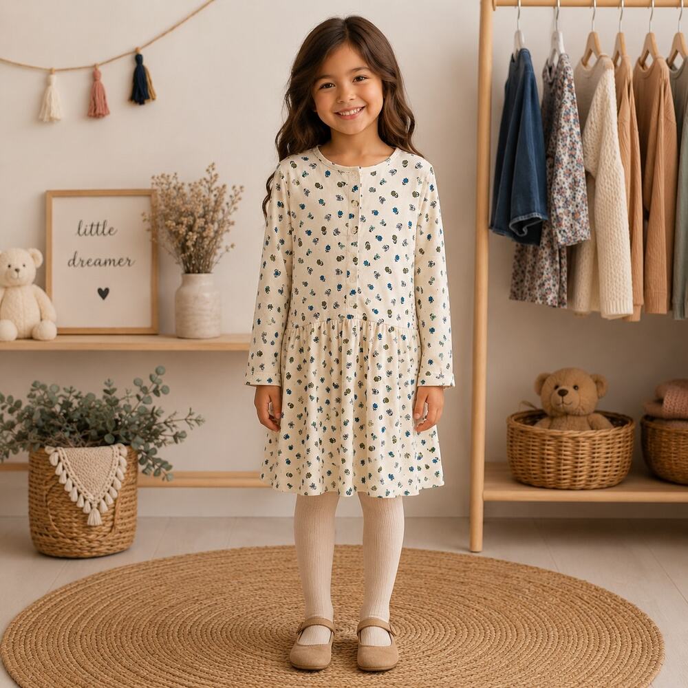 Tea Collection Off White blue Floral Corduroy Long Sleeve Dress 8